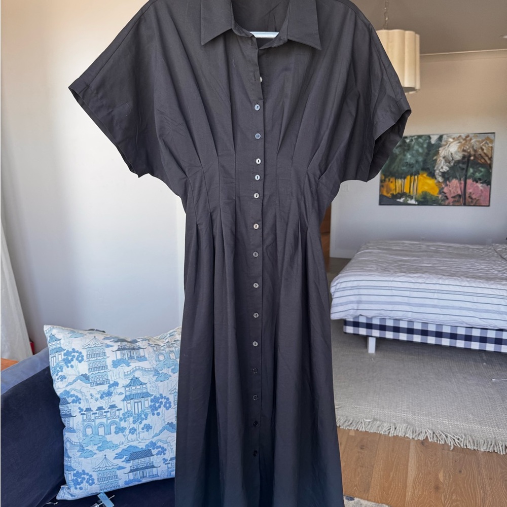The Tobie Button-Front Pleated Shirt Dress by Exquise
 Black Button-Down Dress